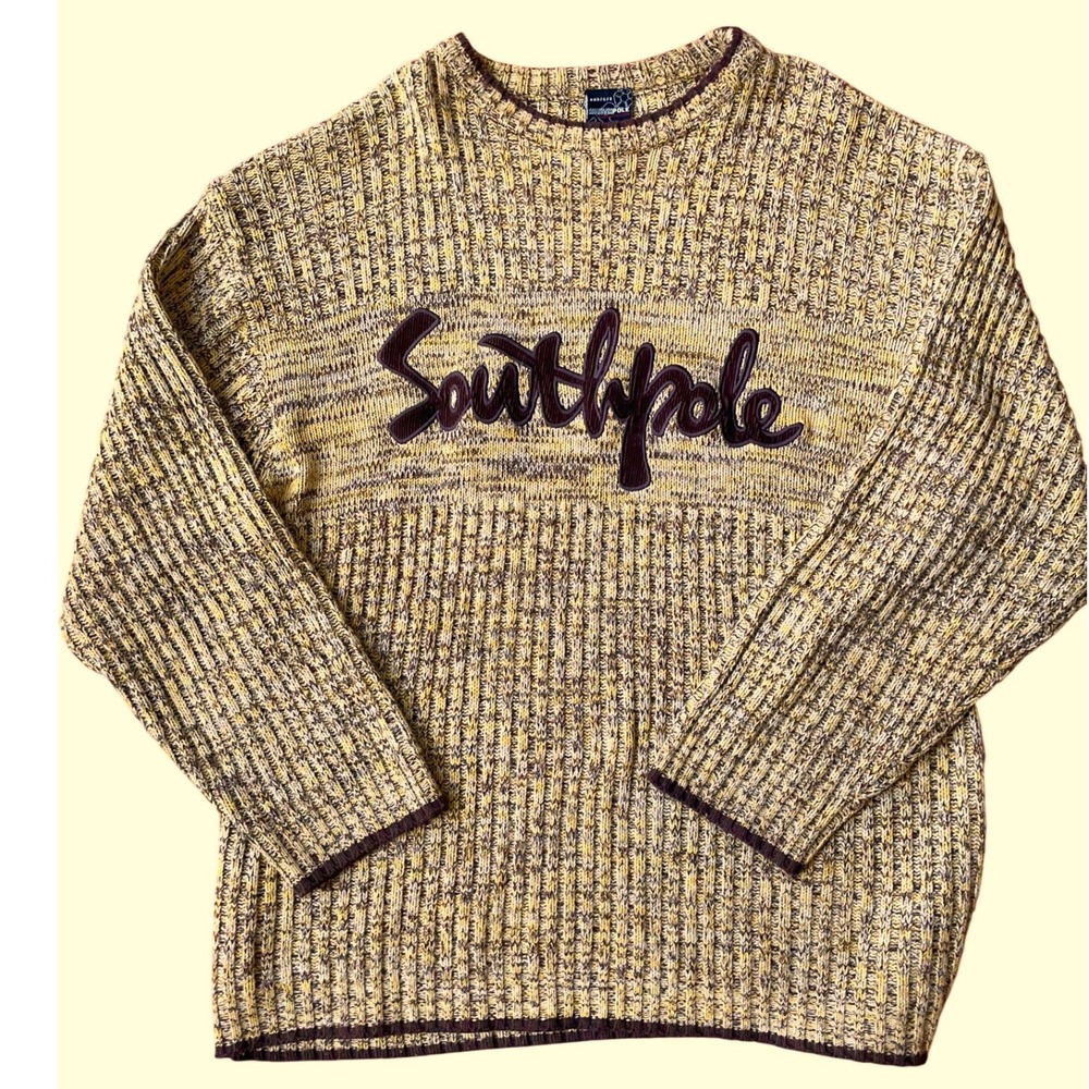 Southpole Vtg Y2K Hip Hop XXL Yellow Brown Sweater Corduroy Spellout Logo